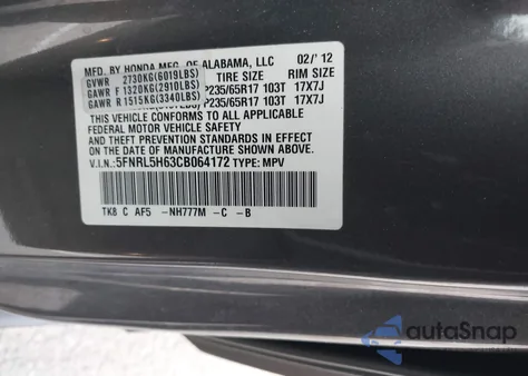 2012 Honda Odyssey Exl z USA, uszkodzony, nr VIN 5FNRL5H63CB064172